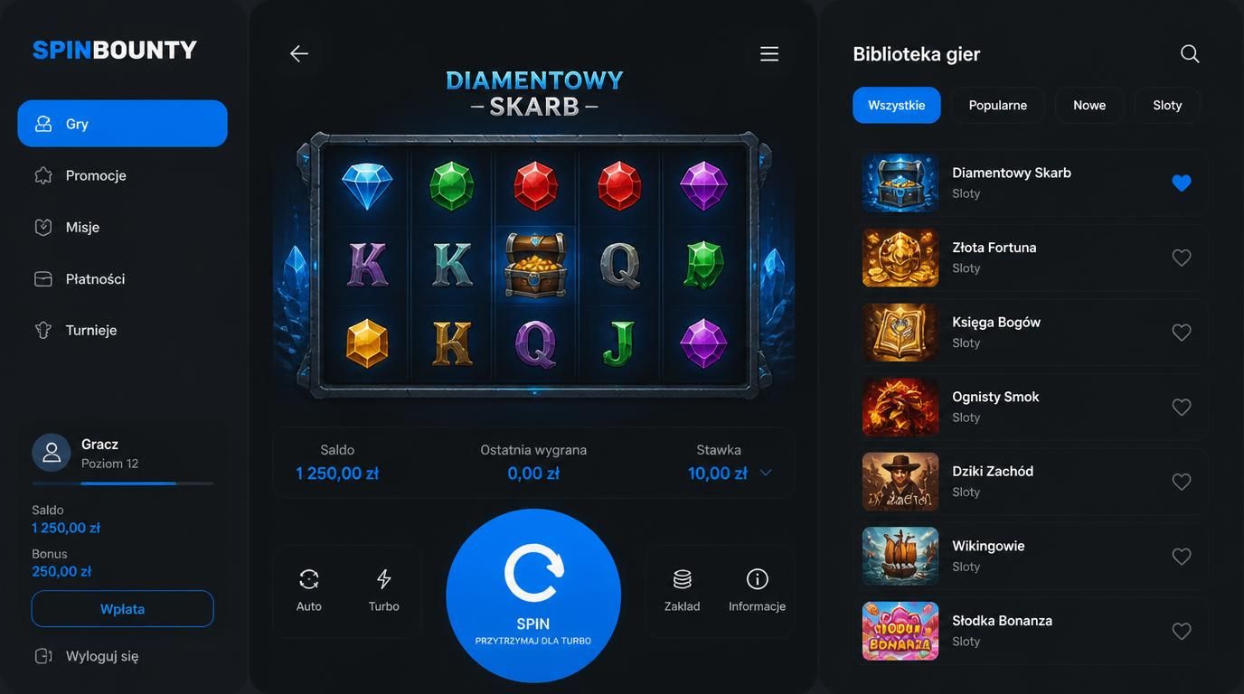 Interfejs gry SpinBounty w orientacji pionowej z przyciskiem „Spin” pod kciukiem