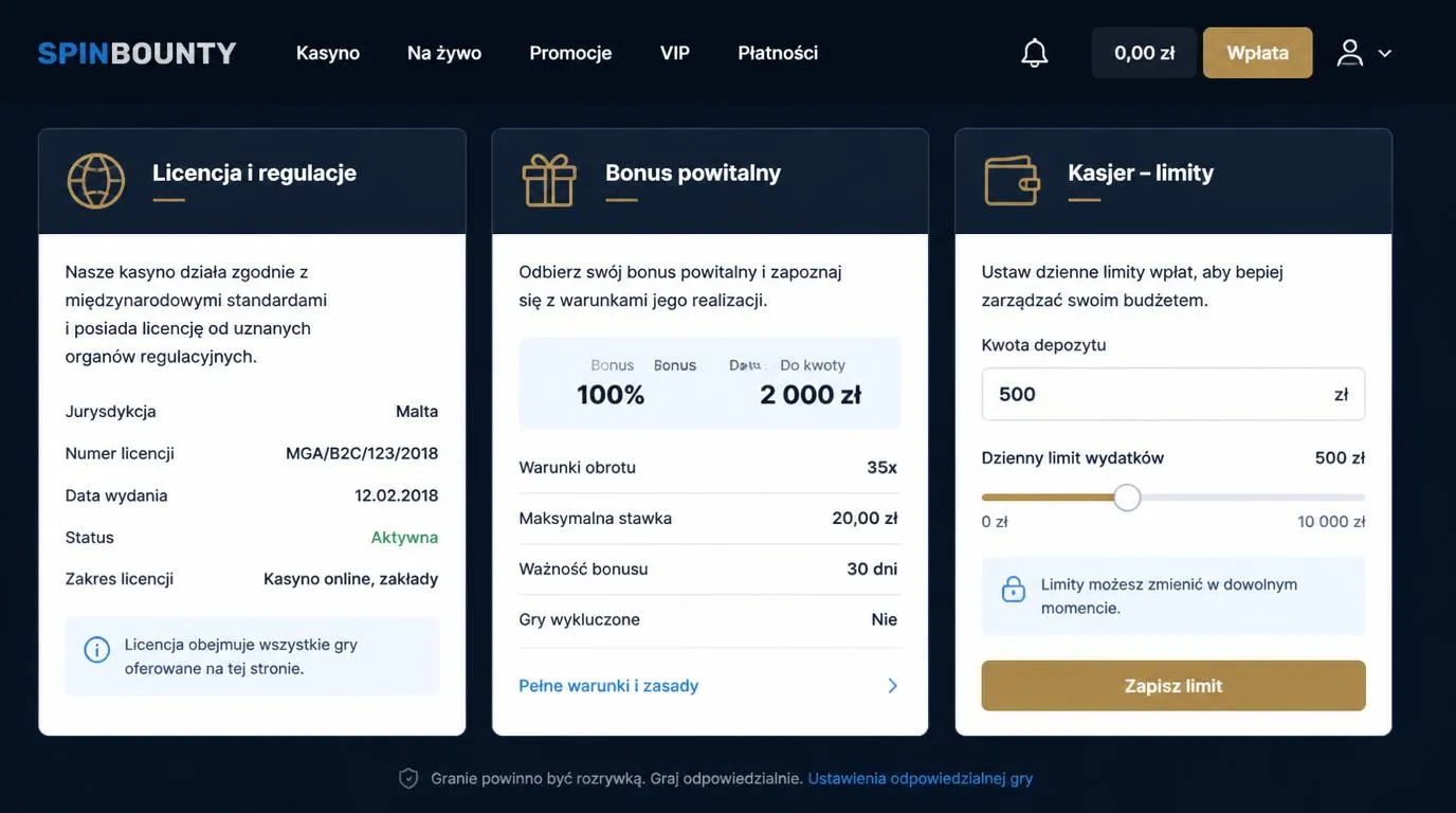 Panel kasyna z warunkami bonusu, informacją o licencji międzynarodowej i ustawieniem limitu wpłat
