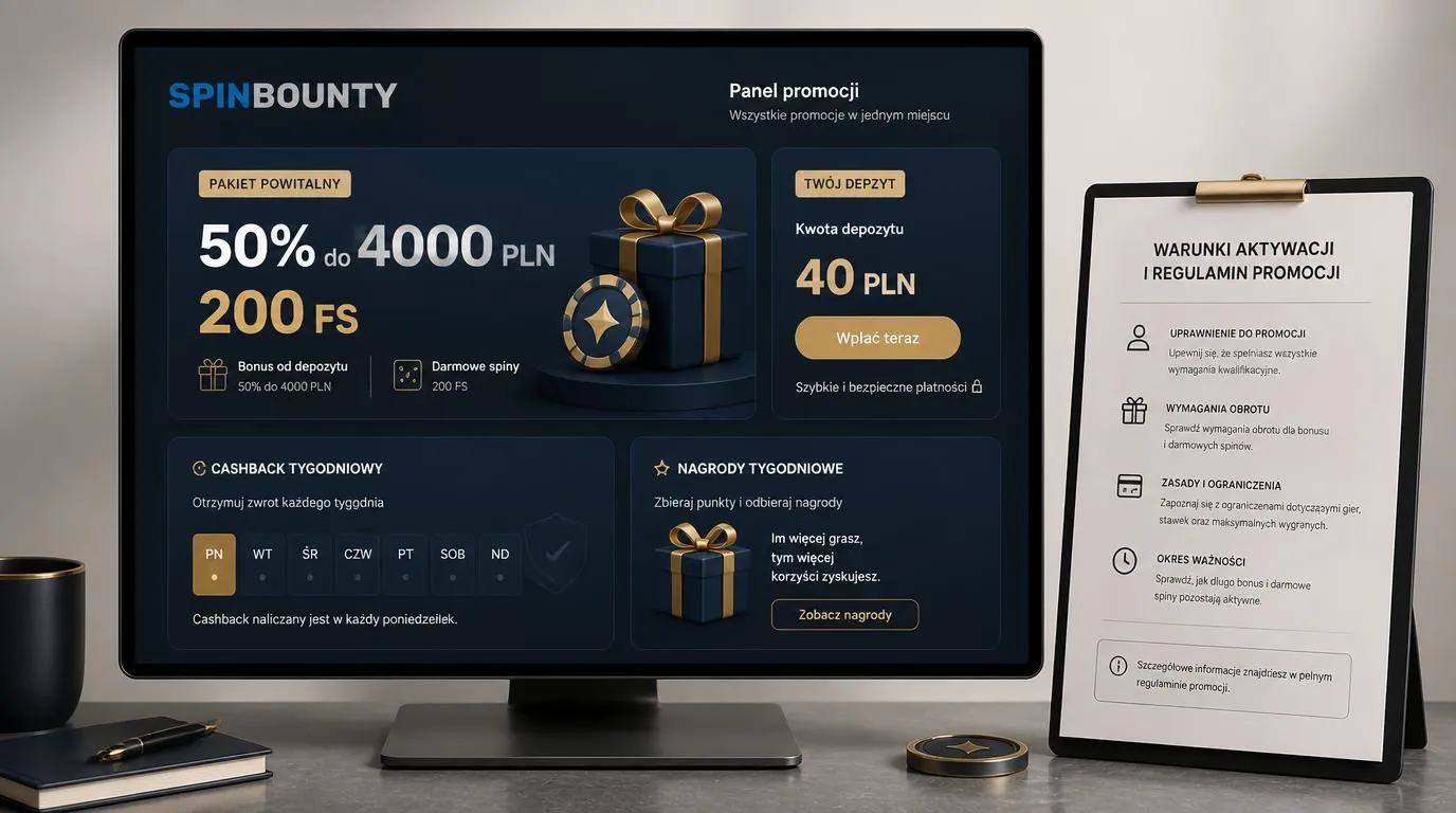 Panel promocji kasyna z ofertą 50% do 4000 PLN, 200 darmowymi spinami i minimalną wpłatą 40 PLN