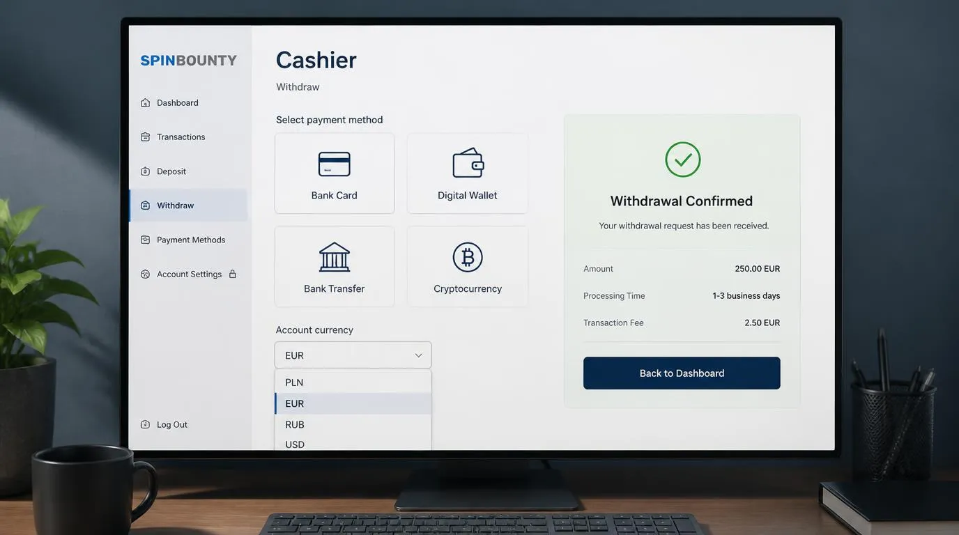 Panel kasjera z wyborem kart, portfeli i kryptowalut oraz podsumowaniem wypłaty w PLN